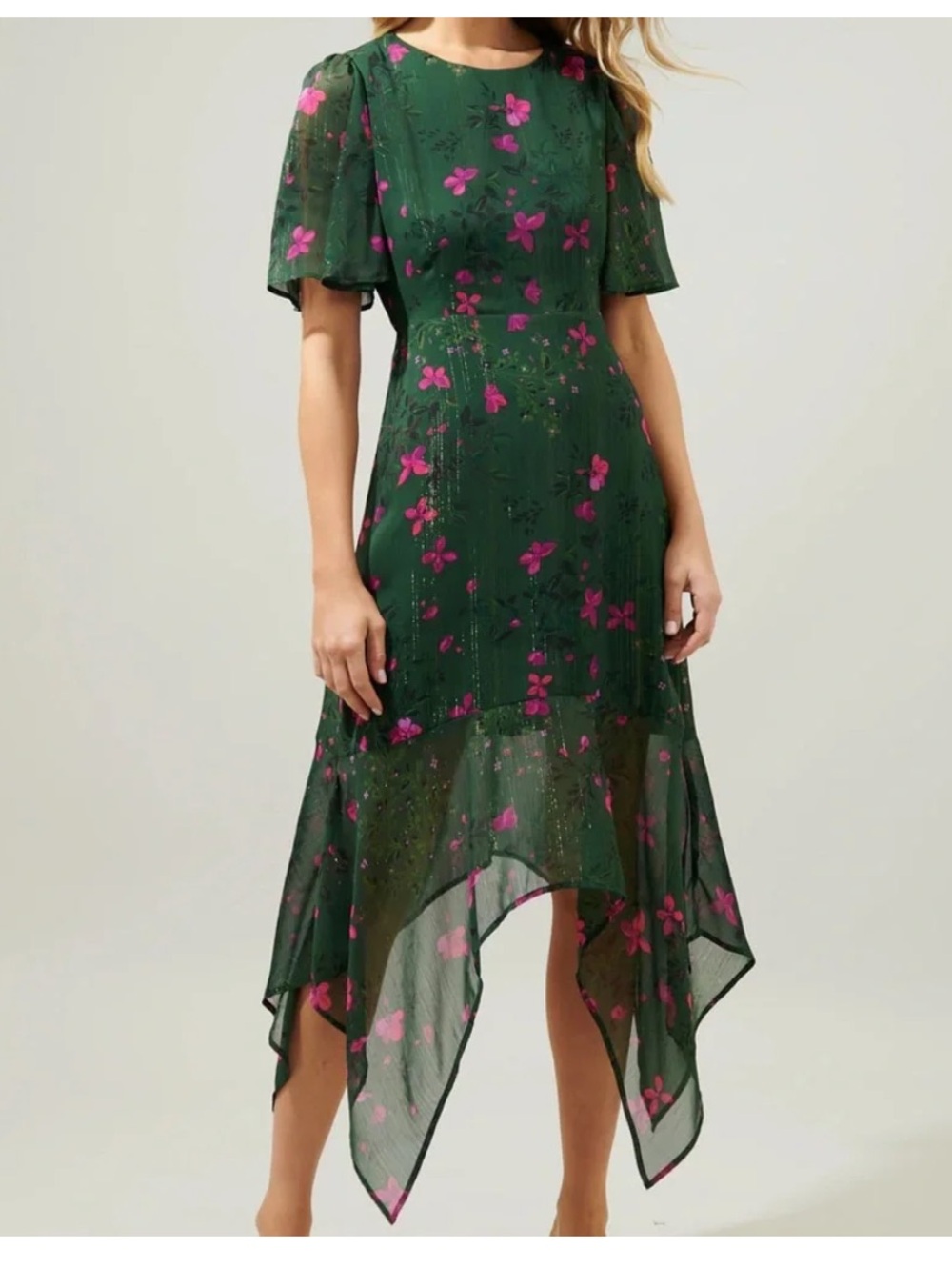 Sugarlips Green Floral Asymmetrical Handkerchief-Hem Dress Small New
